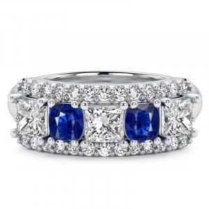 Italo Halo Five Stone Cushion & Princess Cut Blue Sapphire Wedding Band