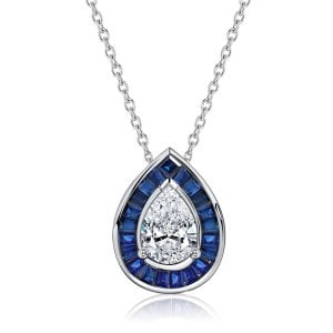 Italo Pear Cut Blue Sapphire Necklace Halo Pendant Necklace
