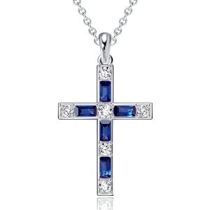 Italo Baguette Cut Blue Sapphire Silver Cross Necklace For Women