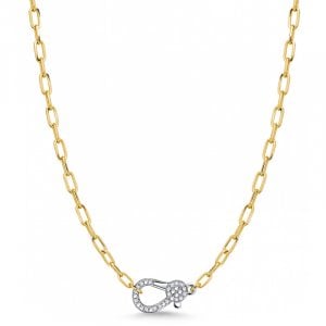 Italo Two Tone Paperclip Chain Necklace with Pavé Clasp Pendant
