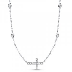 Italo Bezel Setting Round Cut Sideways Cross Necklace For Women