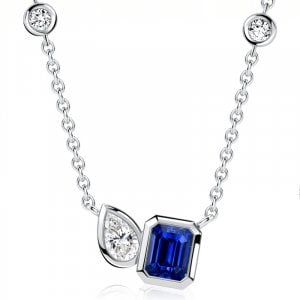 Italo Bezel Set Toi Et Moi Emerald & Pear Cut Blue Sapphire Pendant Necklace