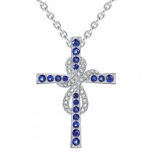 Italo Swirl Design Blue Sapphire Cross Pendant Necklace For Women