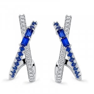 Italo Cross Blue & White Sapphire Hoop Earrings For Women