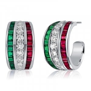 Italo Triple Row Emerald Sapphire Ruby Hoop Earring For Women
