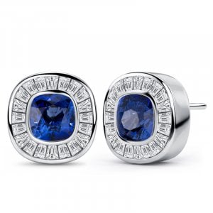 Italo Halo Bezel Setting Cushion Cut Blue Sapphire Stud Earrings For Women