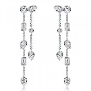 Italo Bezel Setting Pear & Round Cut Double Chain Drop Earrings For Women