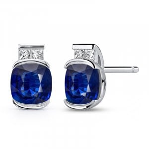 Italo Half Bezel Cushion Cut Blue Sapphire Stud Earrings For Women