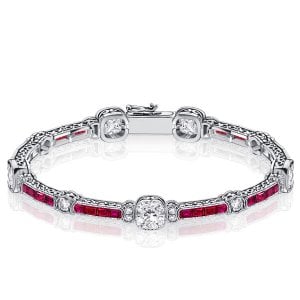 Italo Milgrain Ruby & White Cushion Tennis Bracelet For Women With Filigree