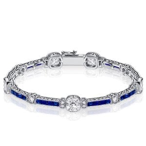 Milgrain Cushion White & Blue Sapphire Tennis Bracelet In Silver With Filigree