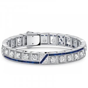 Italo Vintage Round & Baguette Cut White & Blue Sapphire Tennis Bracelet For Women