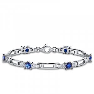 Italo Three Stone Round Cut Blue Sapphire Tennis Bracelet For Women