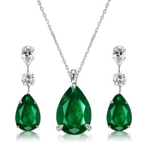 Italo Pear Shaped Emerald Sapphire Necklace & Earrings Jewelry Set