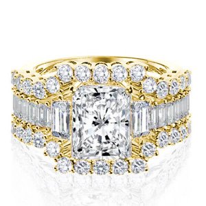 Italo Golden Three Stone Created White Sapphire 3PC Wedding Set