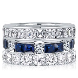 Italo Channel Round & Asscher Cut White & Blue Sapphire Stackable Band Set