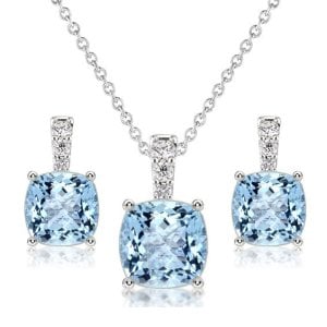 Italo Aquamarine Sapphire Cushion Cut Necklace & Earrings Jewelry Set
