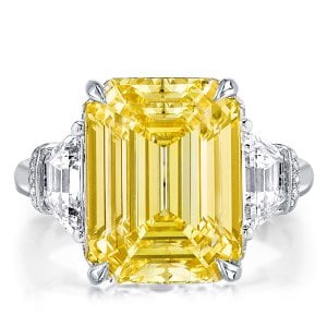Three Stone Emerald Cut Yellow Topaz Engagement Ring
