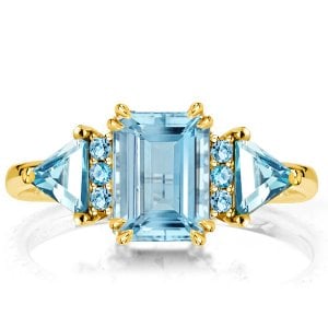 Three Stone Emerald Cut Aquamarine Engagement Ring