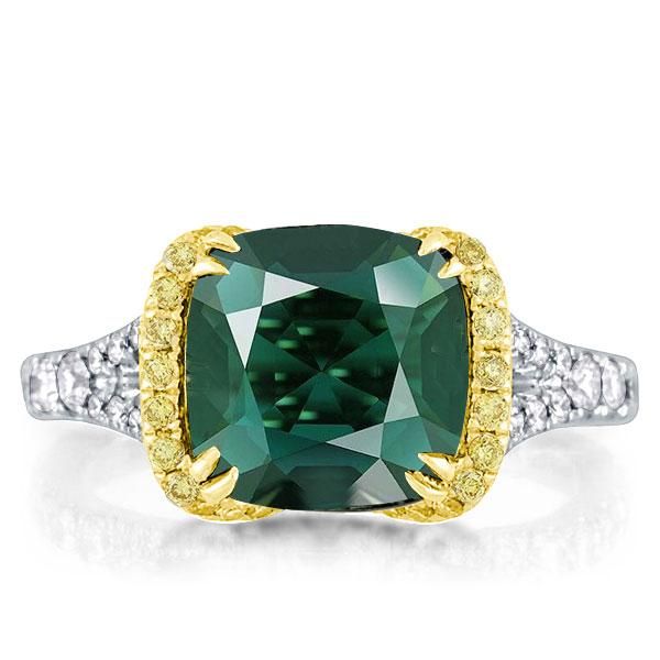 Double Prong Green Cushion Two Tone Halo Engagement Ring