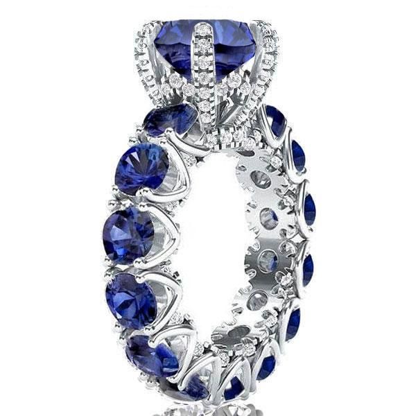 Eternity Round Cut Created Blue Sapphire Engagement Rings