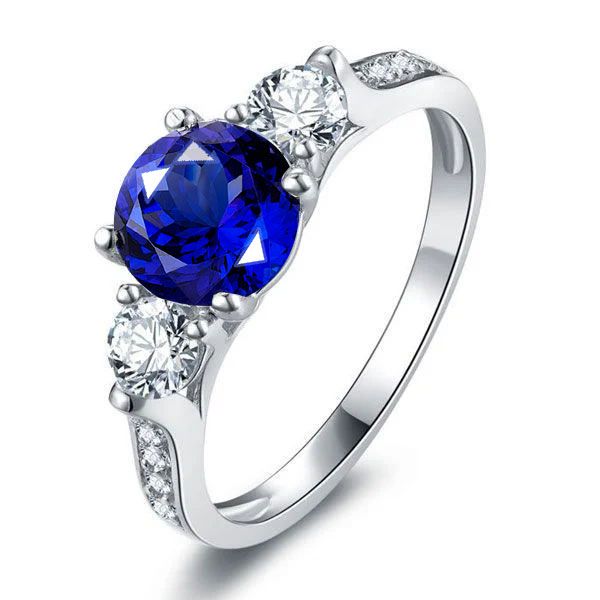 Three Stone Blue Sapphire Engagement Ring - Rare Earth Jewelry