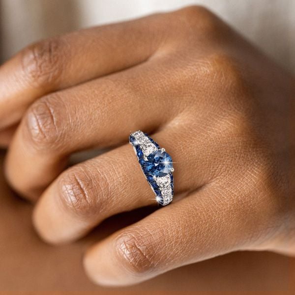 Blue Simulated Sapphire Twist Ring - Sterling Silver Micro Pave Band, Sizes 5-10 - View #11