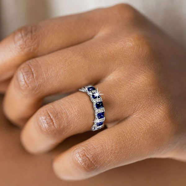 Blue Round Princess Cut Wedding Band