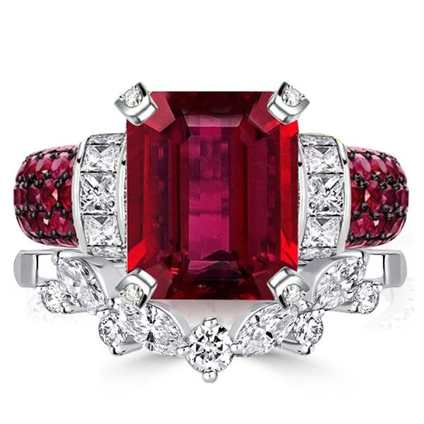 Ruby Emerald Cut Engagement Rings Sets Vintage Bridal Set | Italo Jewelry