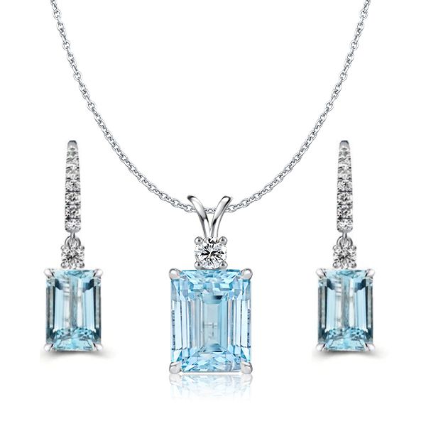Italo Jewelry Aquamarine Sapphire Emerald Cut Necklace Drop Earrings Set