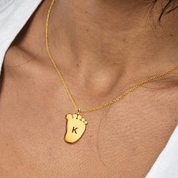 Engraved Baby Feet Necklace 14k Gold Plated Silver