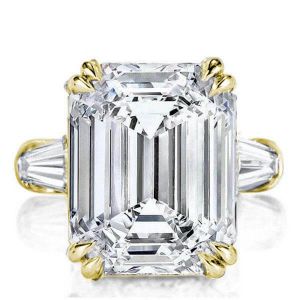 Golden Three Stone Emerald Engagement Ring