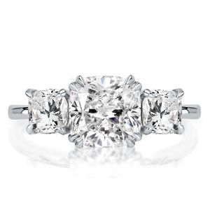 Double Prong Three Stone White Cushion Cut Engagement Ring