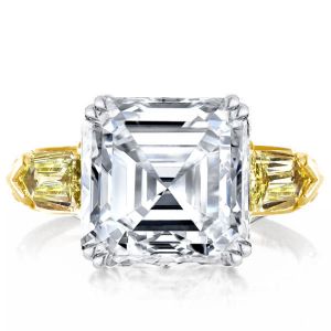 Three Stone Asscher Cut White & Yellow Sapphire Engagement Ring