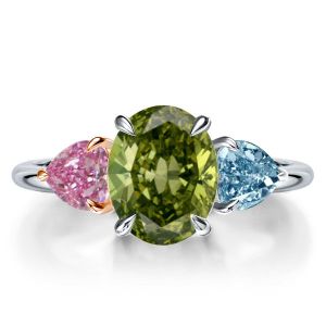 Three Stone Oval Created Peridot Engagement Ring