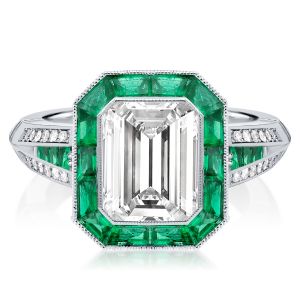 Milgrain Halo Emerald Cut Vintage Engagement Ring 