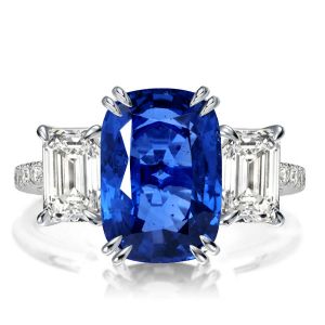 Three Stone Cushion Cut Blue Sapphire Engagement Ring For Women