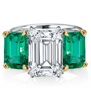 Two Tone Three Stone Emerald Cut Engagement Ring For Women