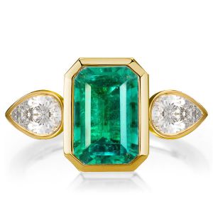 Golden Three Stone Emerald Cut Emerald Green Engagement Ring