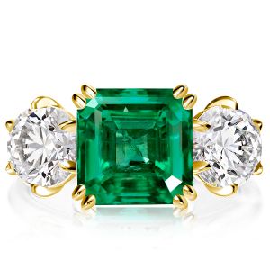 Golden Three Stone Asscher Cut Emerald Engagement Ring 