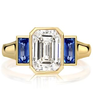 Golden Blue Sapphire 3 Stone Emerald Cut Engagement Ring