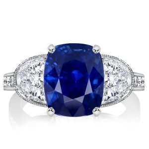 Italo Three Stone Cushion Cut Blue Sapphire Engagement Ring