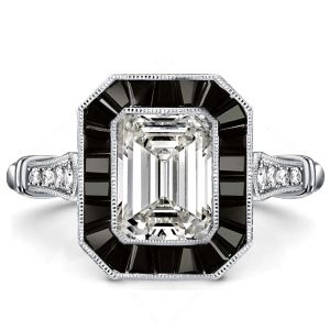 Emerald Cut Black Engagement Ring Halo Vintage Engagement Ring