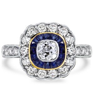Italo Art Deco Milgrain Halo Cushion Cut Engagement Ring