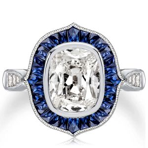 Art Deco Halo Cushion Cut Created Blue Sapphire Engagement Ring