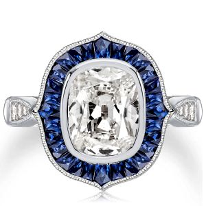 Art Deco Halo Cushion Cut Created Blue Sapphire Engagement Ring