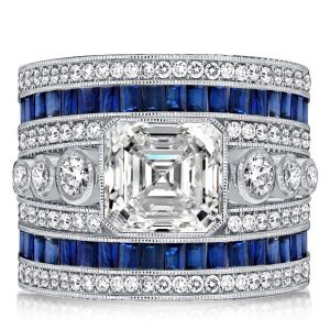 Italo Asscher Cut Blue Sapphire Art Deco Ring Cocktail Ring