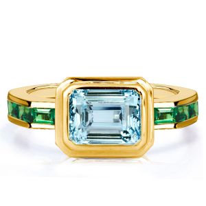 Italo Bezel Aquamarine Ring Emerald Cut Engagement Ring Vintage