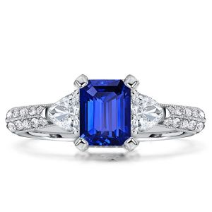 Italo Blue Sapphire Emerald Cut 3 stone engagement Ring Unique