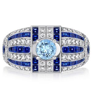 Italo Round Cut Aquamarine Cocktail Ring Art Deco Rings