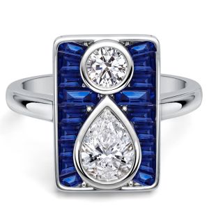 Italo Unique Design Pear & Round White & Blue Sapphire Engagement Ring